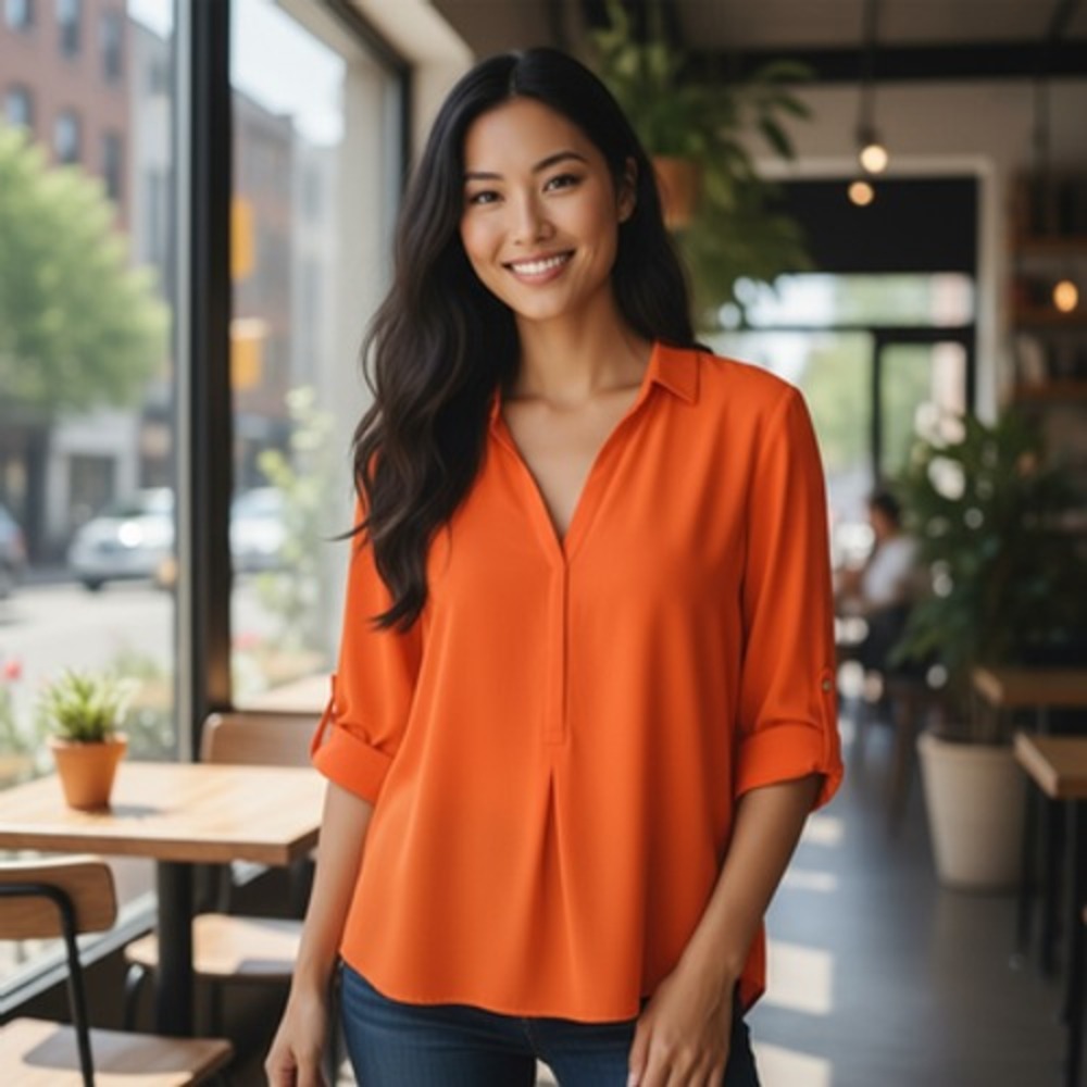 Mossimo Blouse Womens XS Orange Roll Tab Sleeve V Neck Grunge Skater Chic Top